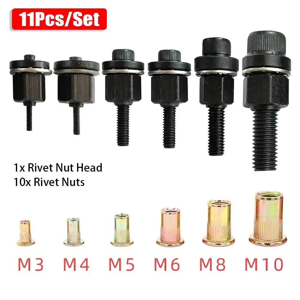 11Pcs/Set Hand Rivet Nut M3 M4 M5 M6 M8 M10 Mandrel Staple with Rivet Nuts Durable Manual Riveter Tool For Rivet Nut Torch