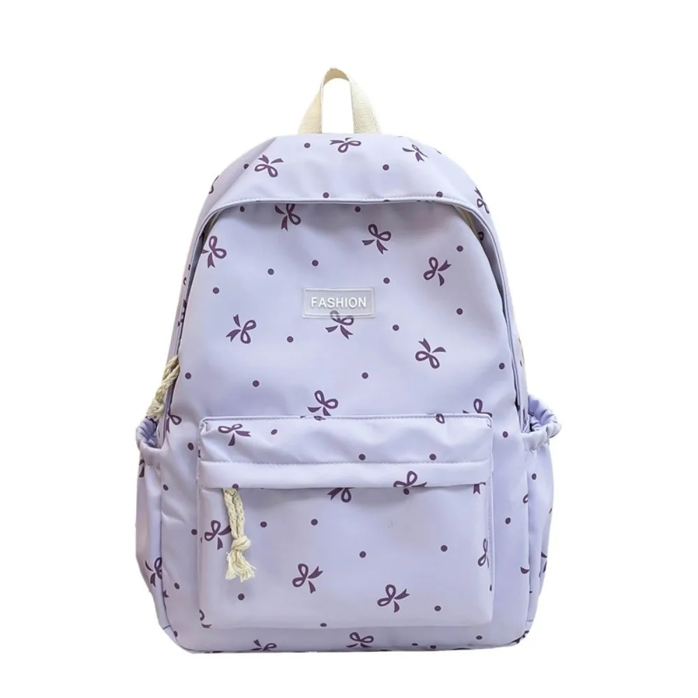 

Nylon Material Bow Print Backpack Adjustable Straps Quilted Design Large Capacity School Bag Harajuku Multi-Pocket