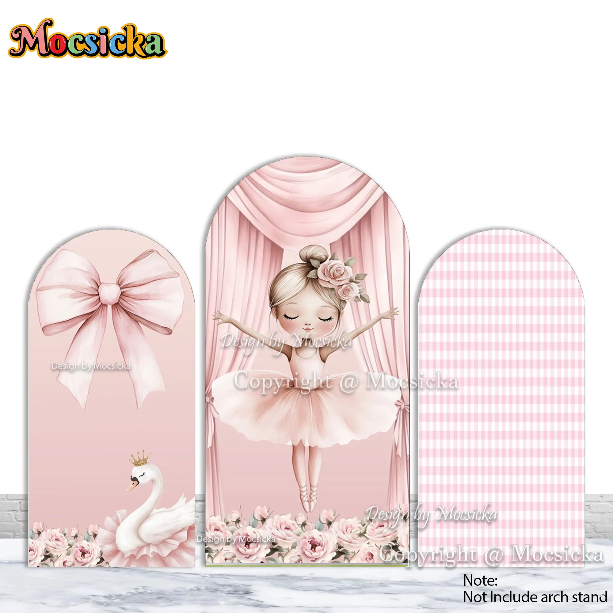 モシッカ-バレエ-プリンセス-1歳の誕生日パーティー-アーチ背景カバー-ピンクのリボン-エレガントな白鳥の花の背景-女の赤ちゃんのフォトブース