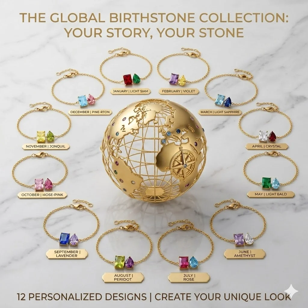 Браслет St-Delan 12 Birthstone — формы капли и квадрата, из нержавеющей стали с 14-каратным золотым покрытием и цирконием