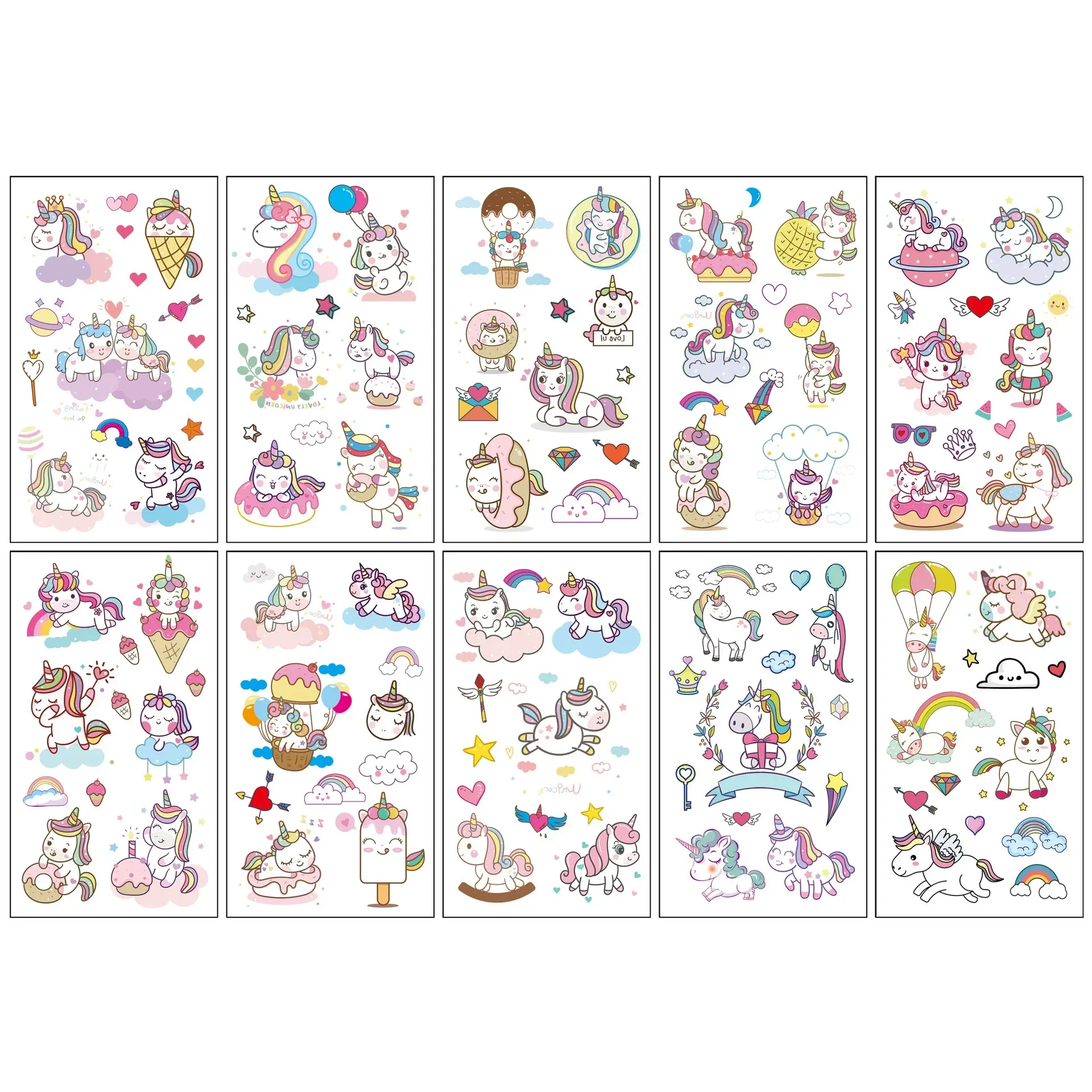 10pcs Kawaii Children Fake Tattoos Unicorn Desserts Waterproof Tattoo Stickers Kids Little Girls Painting Wrist Hand Navel Face