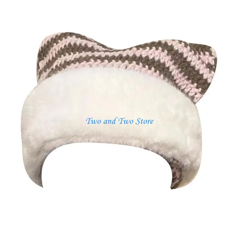 HX6F شريط قبعة قبعة سميكة أفخم القط الأذن إفشل قبعة للتزلج المشي لمسافات طويلة العالمي سيدة يندبروف بيني للطقس البارد #3