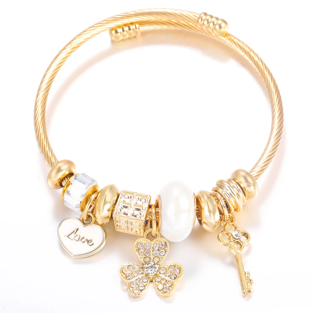 Rhinestone Flowers Pendant Golden Stainless Steel Beaded Bracelet 4 Colors High Quality Closure Bangles Women Bracelet Jewelry