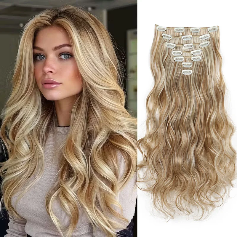 24Inch Synthetic Hair Extension Long Wavy Curly 7pcs/Set Hair Clip Style Hair Extensions Black Blonde Hairpiece for Women