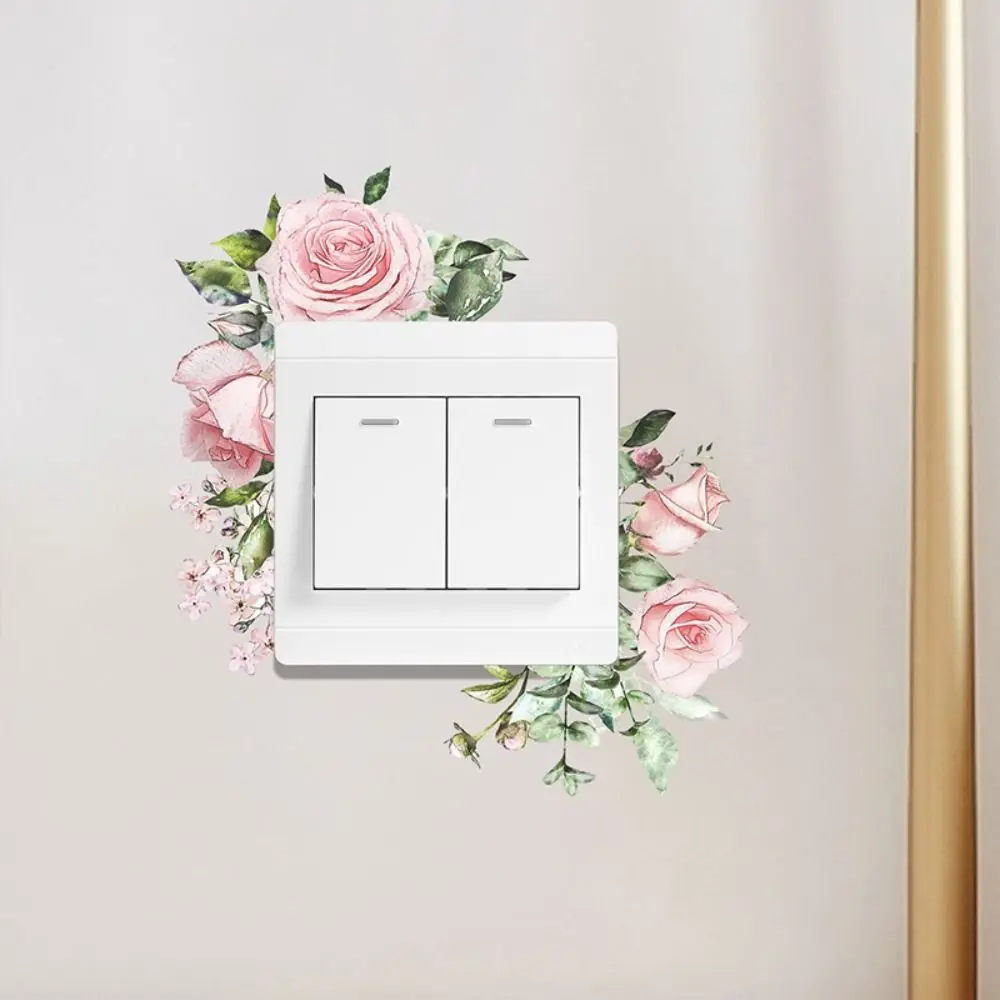 Elegant Plant Flower Switch Sticker Long Lasting Wall Art Green Leaves Plants Sticker Flower PVC Room