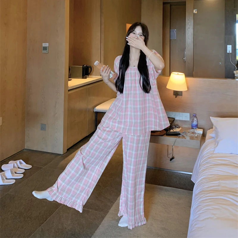 Plaid Women Pajamas Pants Set Woman 2 Pieces Korean Style Sleepwear Ruffles Pijama Summer Loungewear Night Wears Home Suit New