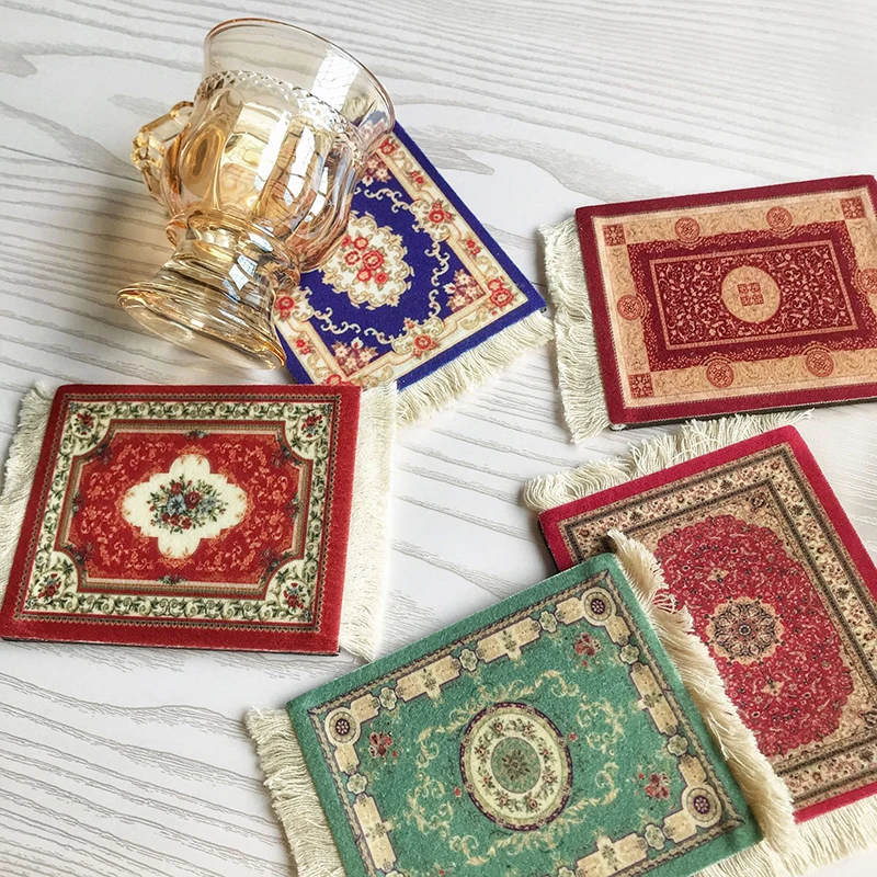 Persian Style Retro Cup Mat Mini Woven Rug Carpet Pattern Cup Mat Laptop PC Mouse Pad With Tassels Home Office Table Decor Craft