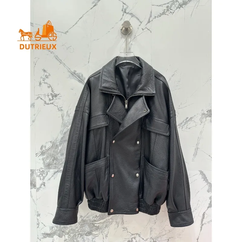 Winter Two-color Optional Double-breasted Motorcycle Jacket for Men and Women, 100% Genuine Sheepskin Versatile Temperament Coat