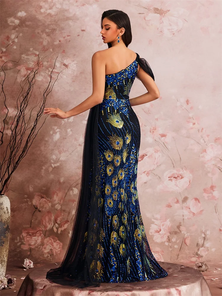 BLUEPLUM Elegant Shoulder slant Splice Sequins Formal Evening Dresses Sleeveless Mermaid Luxury Party Streamer Cocktail Gowns