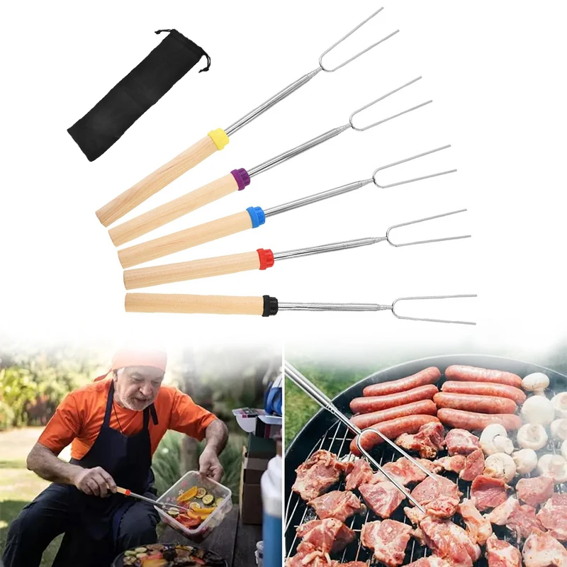 

5Pcs/Set Telescoping Smores Sticks for Fire Pit Wooden Handle Hot Dog Fork with Portable Bag for Campfire BBQ Camping