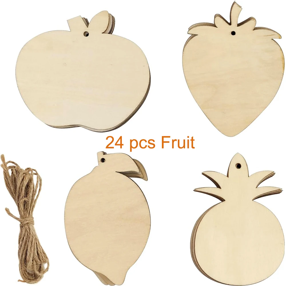 24 Pack Unfinished Wooden Fruit Cutouts Apple Lemon Pineapple Strawberry Shape Ornaments Craft Gift Hanging Tag for Painting