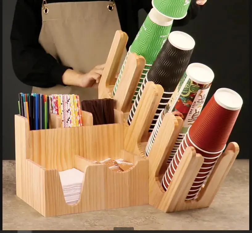 wooden cup holder milk tea storage rack tissue box desktop organizer straw holders multifunctional shelf