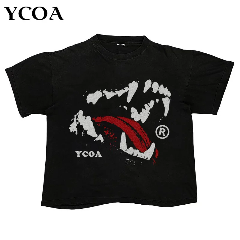 Men\'s T-Shirt Oversized Goth Tooth Streetwear Cotton Hip Hop Short Sleeve Tee Tops Korean Fashion Vintage Graphic Y2k Clothing