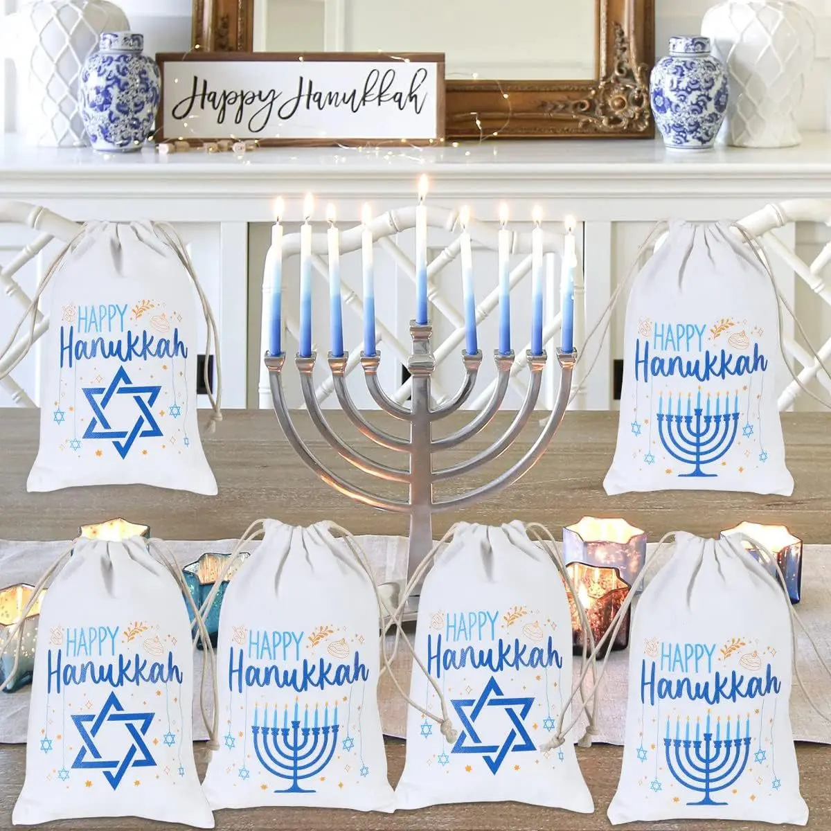 Personalized Happy Hanukkah Wreath Drawstring Bag Chanukah Gift Sack Jewish Holiday home table Decoration Children kid Present