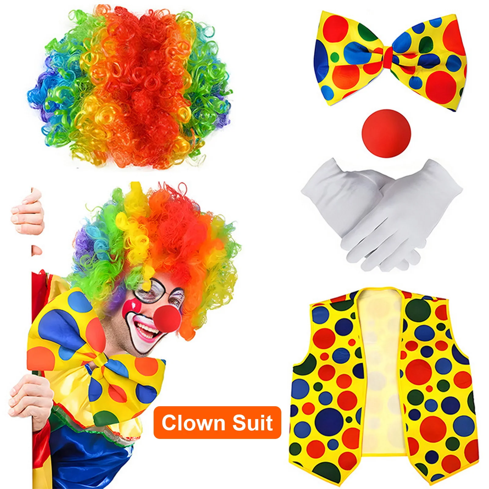 Halloween Clown Cosplay Costume Kit Wig Red Nose Gloves Vest Tie Shoe Party Stage Performance Clown Dress-up Prop Clothes