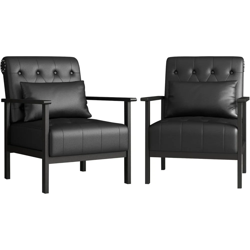 Mid Century Modern Accent Chair with Arms, Button Tufted Comfy Single Sofa Ch，Black Leather Accent Chairs Set of 2 with Pillow