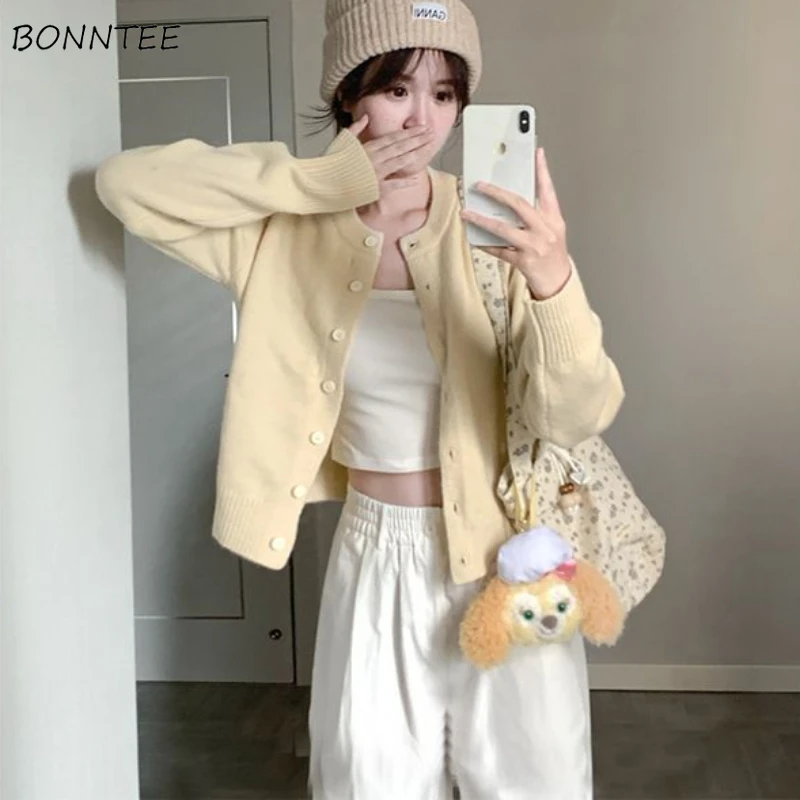 O-neck Knitting Cardigan Women Single Breasted Simple Outwear Cozy Soft Girls Students All-match Cute Sweet Candy Color Sweaters