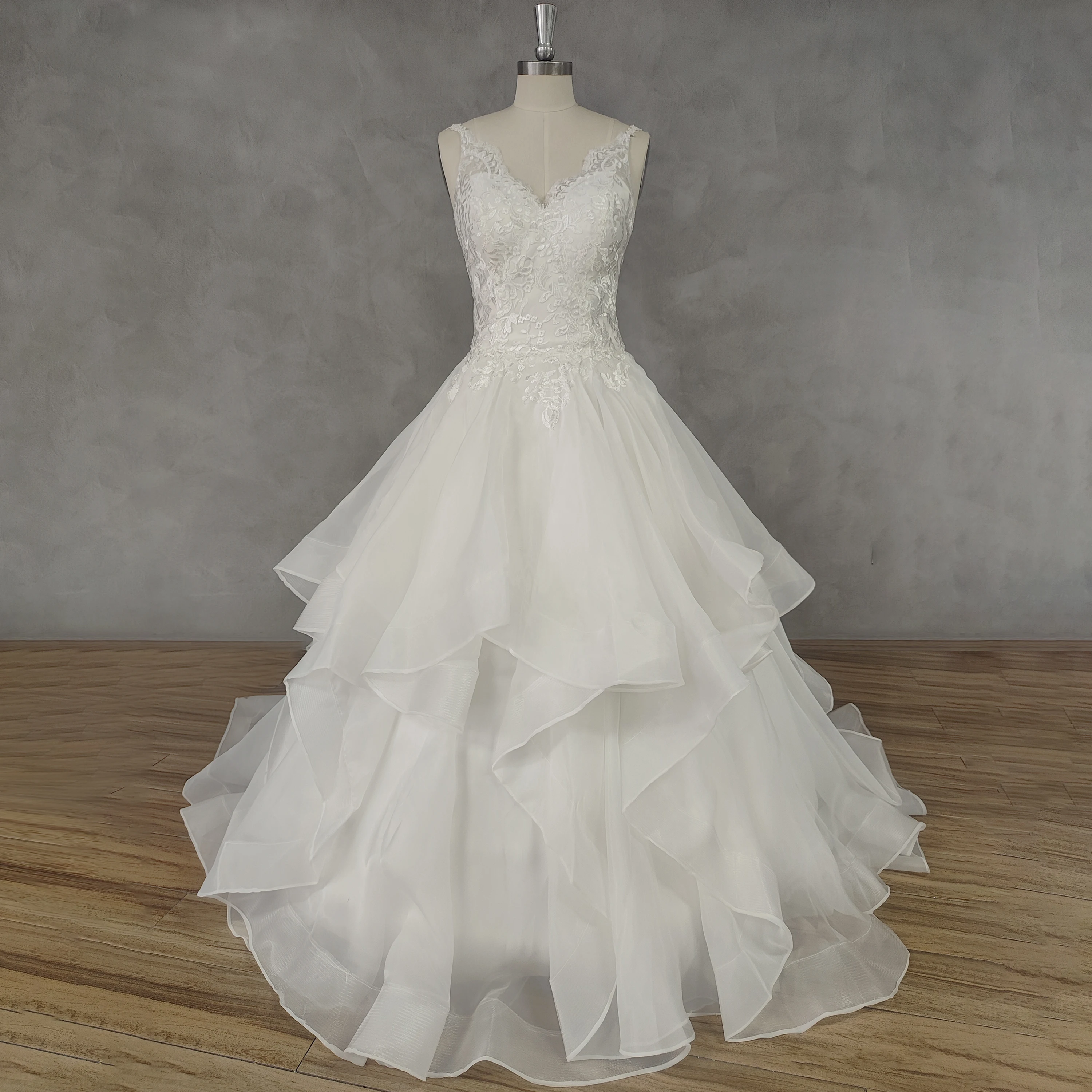 DIDEYTTAWL Real Picture V-Neck Organza Tiered Appliques A-Line Wedding Dress For Women Zipper Back Floor Length Bridal Gown