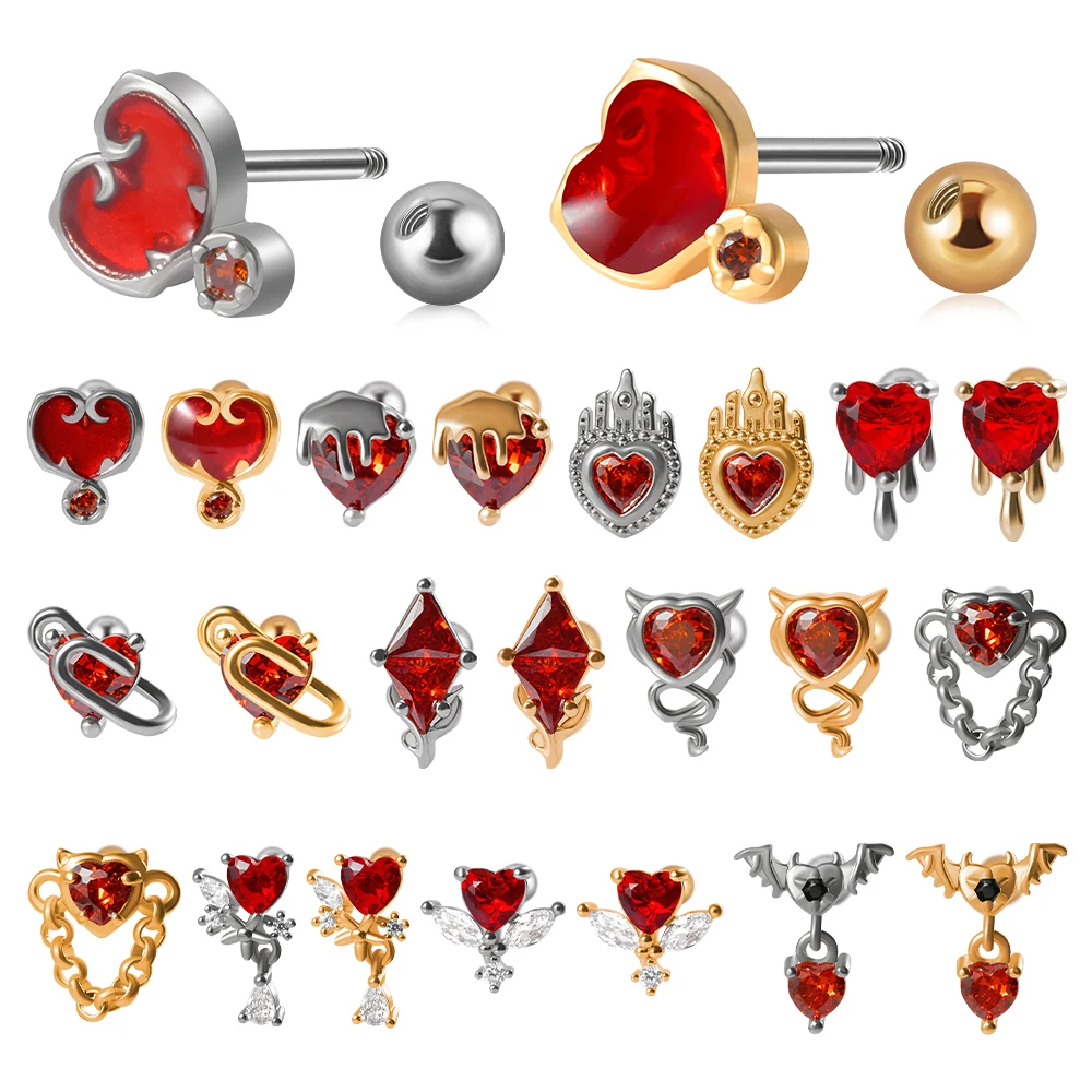1PC 316L Surgical Steel 20G Gold Plated Earrings Red Zircon Ear Cartilage Tragus Helix Daith for Women Girl Piercing Jewelry