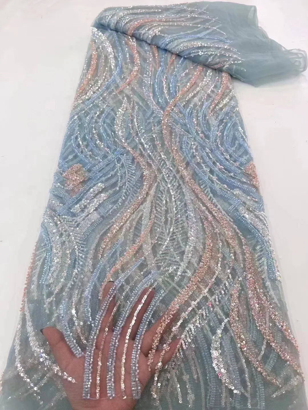 

New High Quality French Luxury Beads Sequin Lace Nigerian Sequins Tulle Lace Fabric For Wedding Party African Beaded Lace Fabric