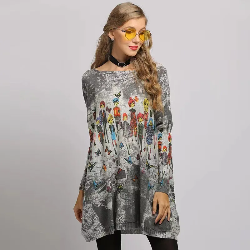 Vrouwen Batwing Mouw Trui Herfst Winter Losse Gebreide Truien Casual Alle Match Printing Tops Voor Vrouwelijke Streetwear