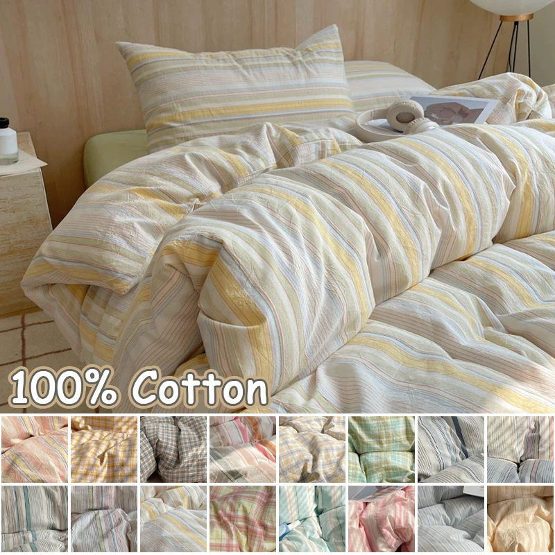 

100% Cotton Nordic Style Cotton Duvet Cover Pink Stripes Skin Friendly Breathable Sling Queen for Girl Bedroom Comforter Set