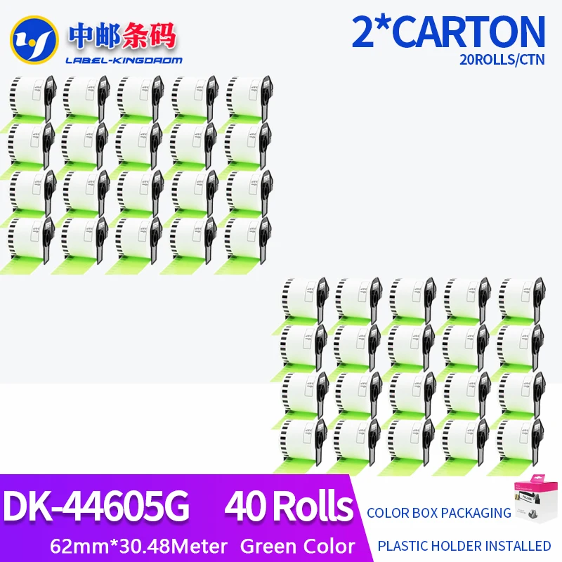 40 Rolls Brother Compatible DK-44605 Labels 62mm*30.48M Green Color Compatible for QL-700/720NW All Come With Plastic Holder