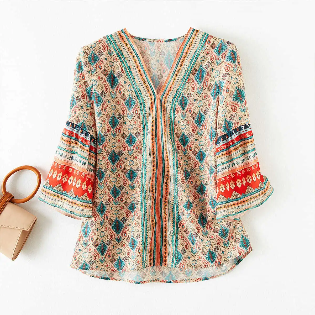 Folk Elegant Printed Chiffon Shirt Spring Summer 2023 Streetwear V-Neck Flare Three Quarter Sleeve Loose Blouse Women\'s Clothing