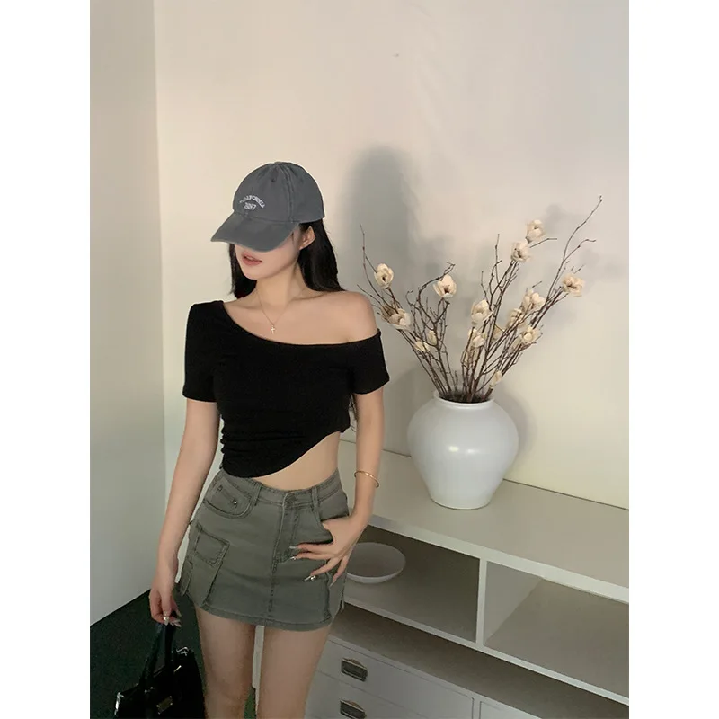 Summer Solid Off Shoulder T Shirt  Aesthetic Women Sexy Slash Neck T-shirts Short Sleeve Chic Irregula Streetwear Slim Top Y2k