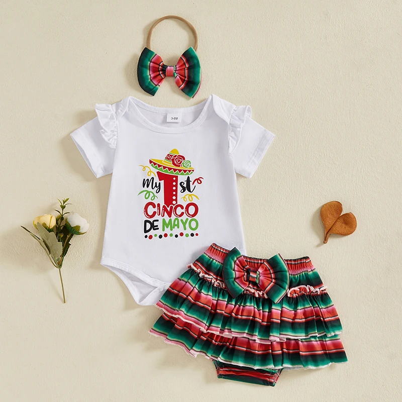 

0-18 Months Baby Girl Summer Outfits Letter Print Short Sleeve Romper Stripe Ruffles Shorts Headband 3Pcs Clothes Set