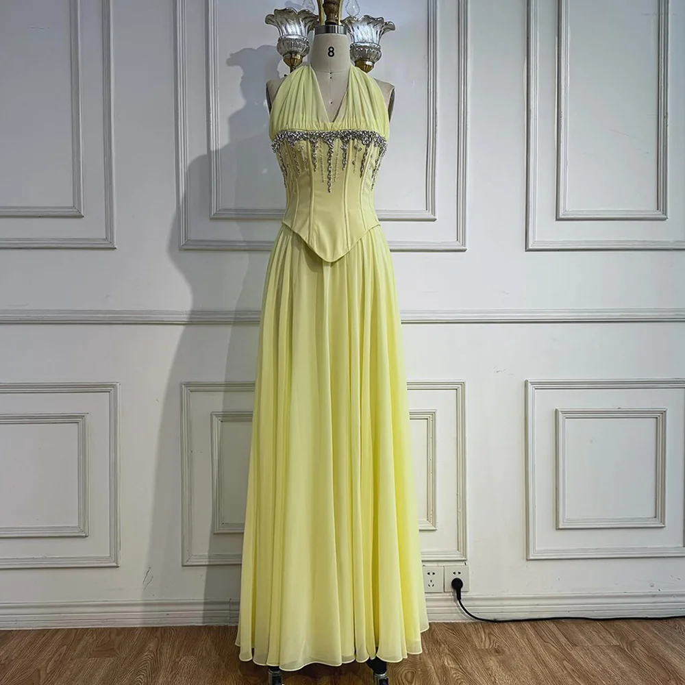 

Желтое шифоновое вечернее платье по индивидуальному заказу, платье для выпускного вечера без рукавов с лямкой на шее, классические платья с кристаллами на молнии сзади для особых случаев