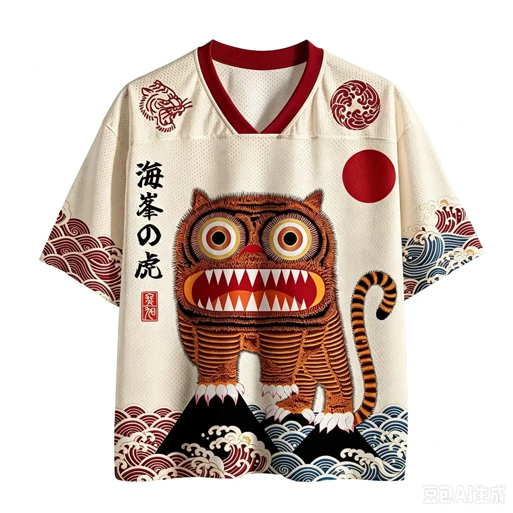 3D-Druck Retro Ukiyo-e-Stil „Hefeng Tiger Wave Red Sun“ Herren Damen Sport- und Fitness-T-Shirt mit V-Ausschnitt, schnelltrocknend, locker geschnitten, Streetwear, lässig – Detail 6