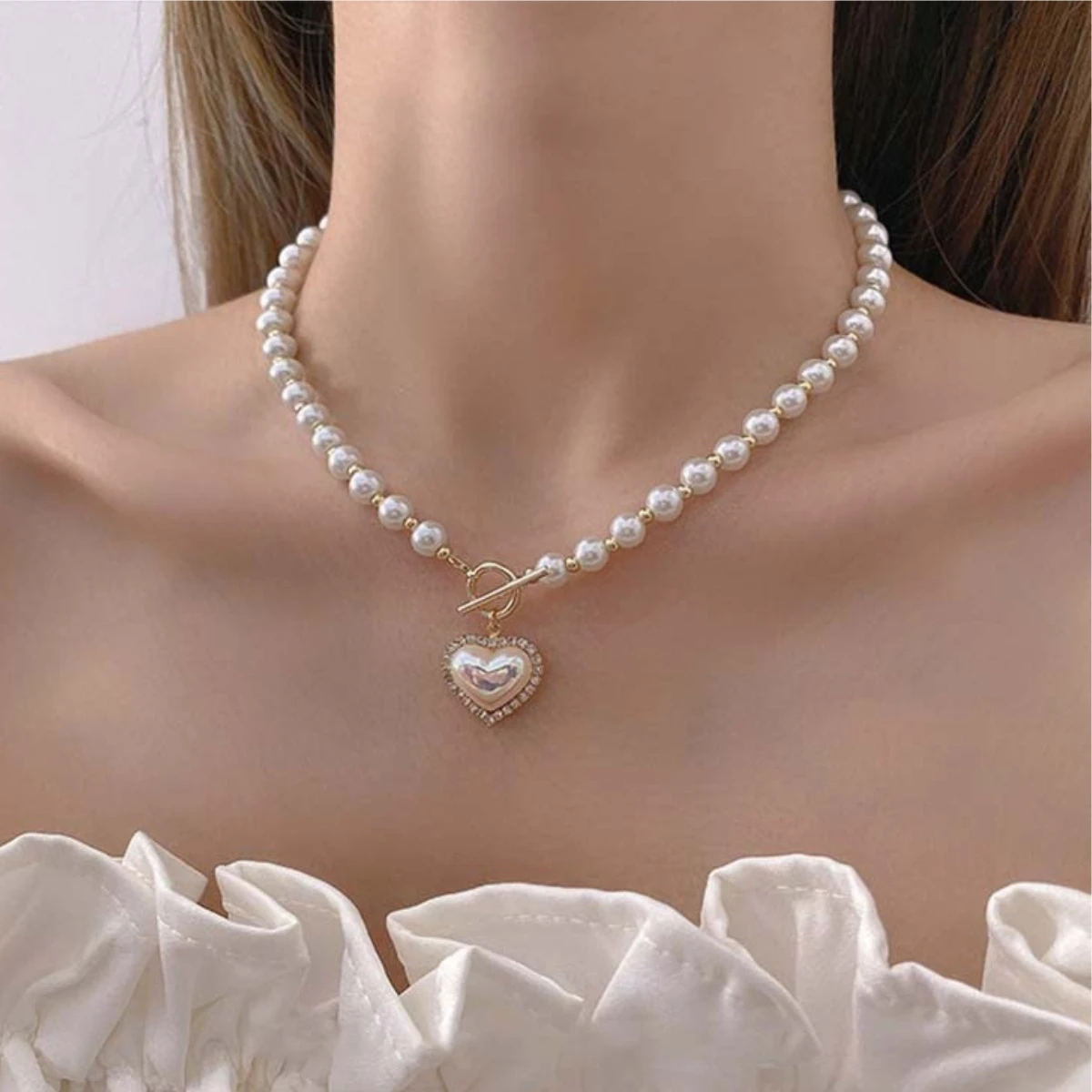 1PC Women\'s Fashion Imitation Pearl Peach Heart Pendant Necklace Jewelry Suitable for Date, Party, Festival Gift