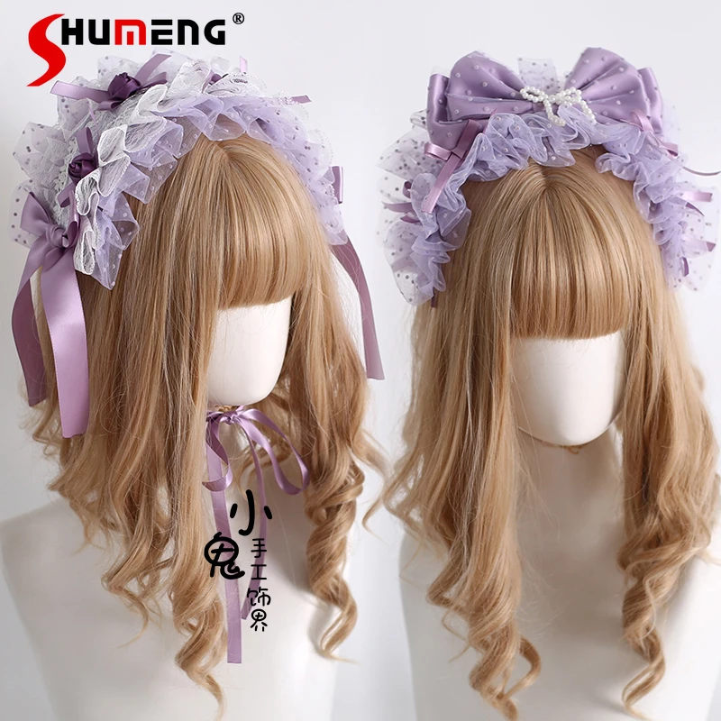Original Sweet Elegant Princess Lolita Hair Accessories Handmade Dot Lace 3D Flower Bow Versatile Purple Headband Women Headwear