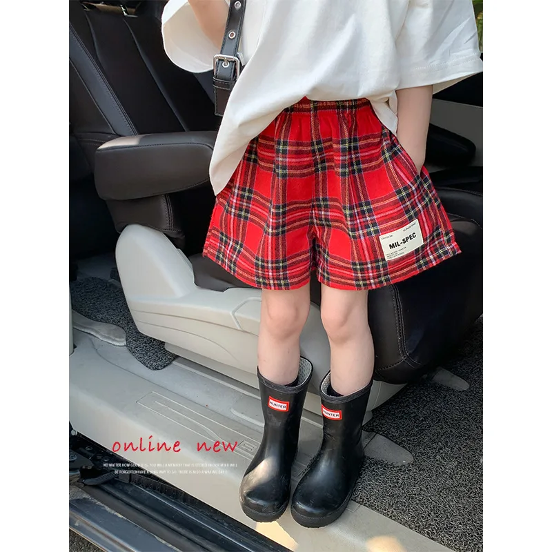 2023 Spring Autumn New Children\'s Clothing Girls\' Red Checkered Pants Korean Shorts Children\'s Shorts Girl Baby Culottes