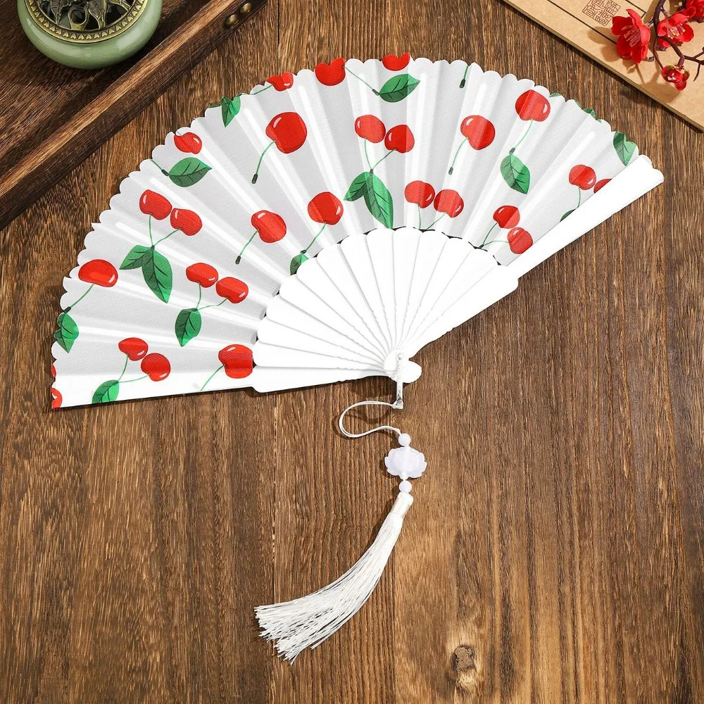 Portable Fruit Pattern Summer Folding Hand Fan with Tassel Plastic Frame Handheld Fan Lightweight Cooling Fan School