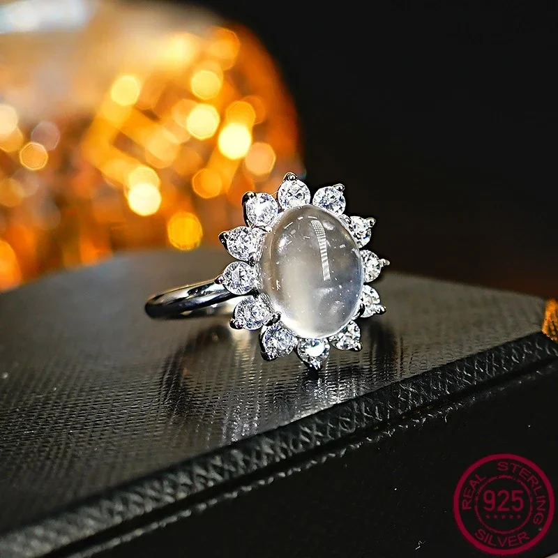 

New Chinese style water foam jade egg shaped S925 silver sunflower ring, ice type fluorescent, niche Jewelry