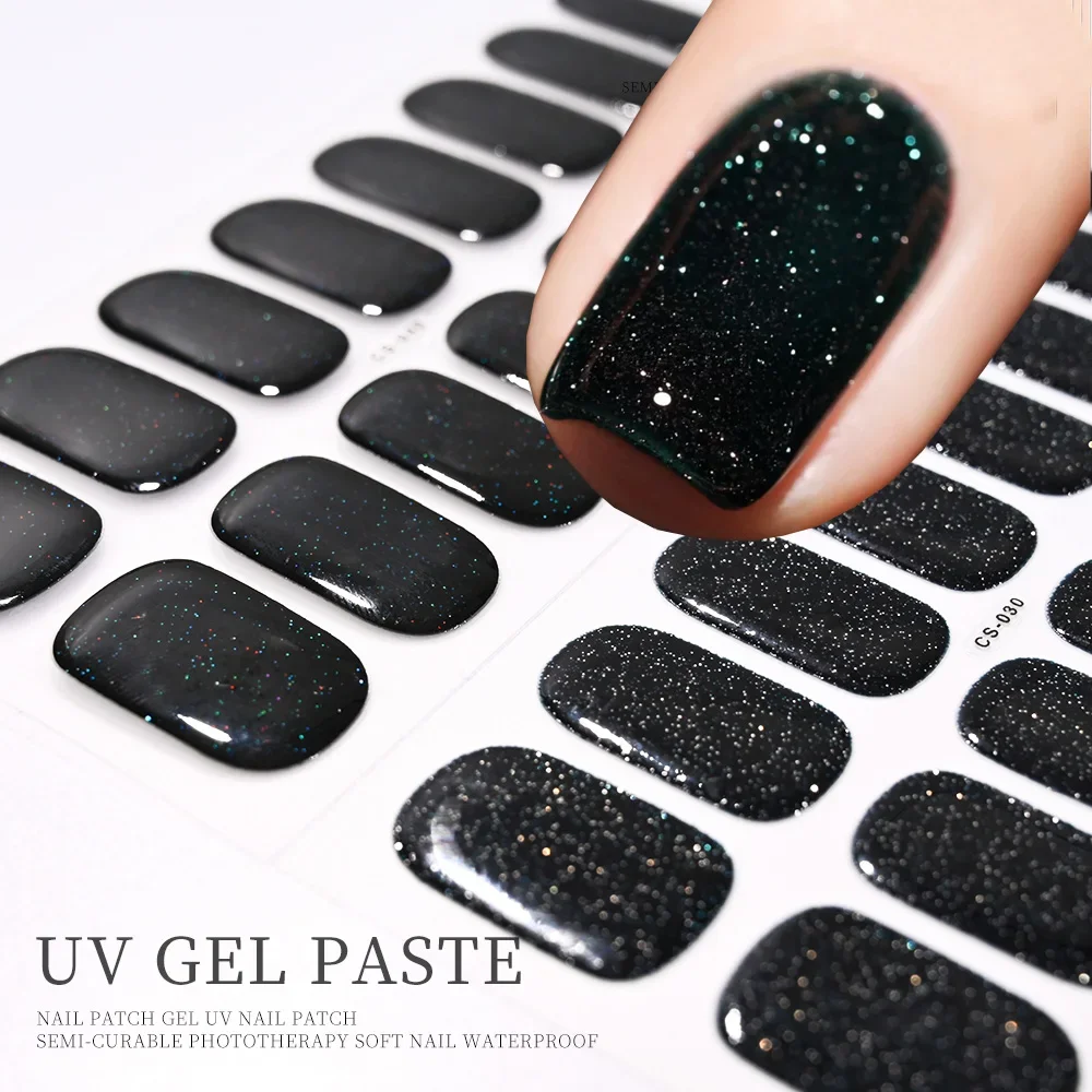 

16Tips French Black Semi-Cured Nail Stickers With Glitter Long-Lasting UV Gel Nail Polish Wraps Full Cover Nail Art Decals Patch
