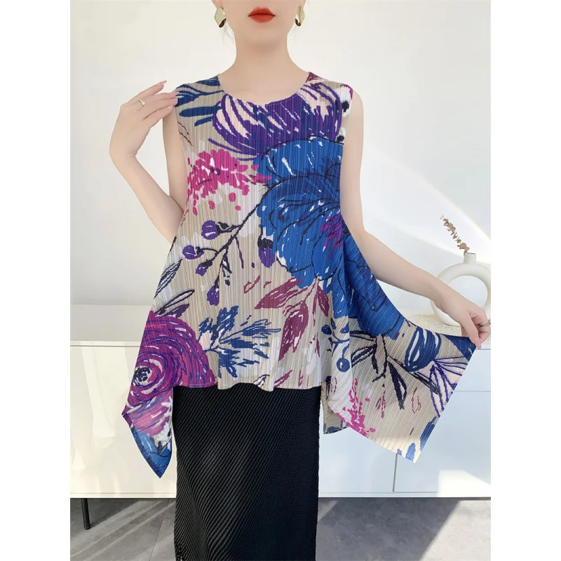 Miyake Damen-High-End-Plissee-T-Shirt mit lockerem und großem Schwungdruck im chinesischen Stil, schlankmachend und vielseitig, Nischendesign[S-1037F]