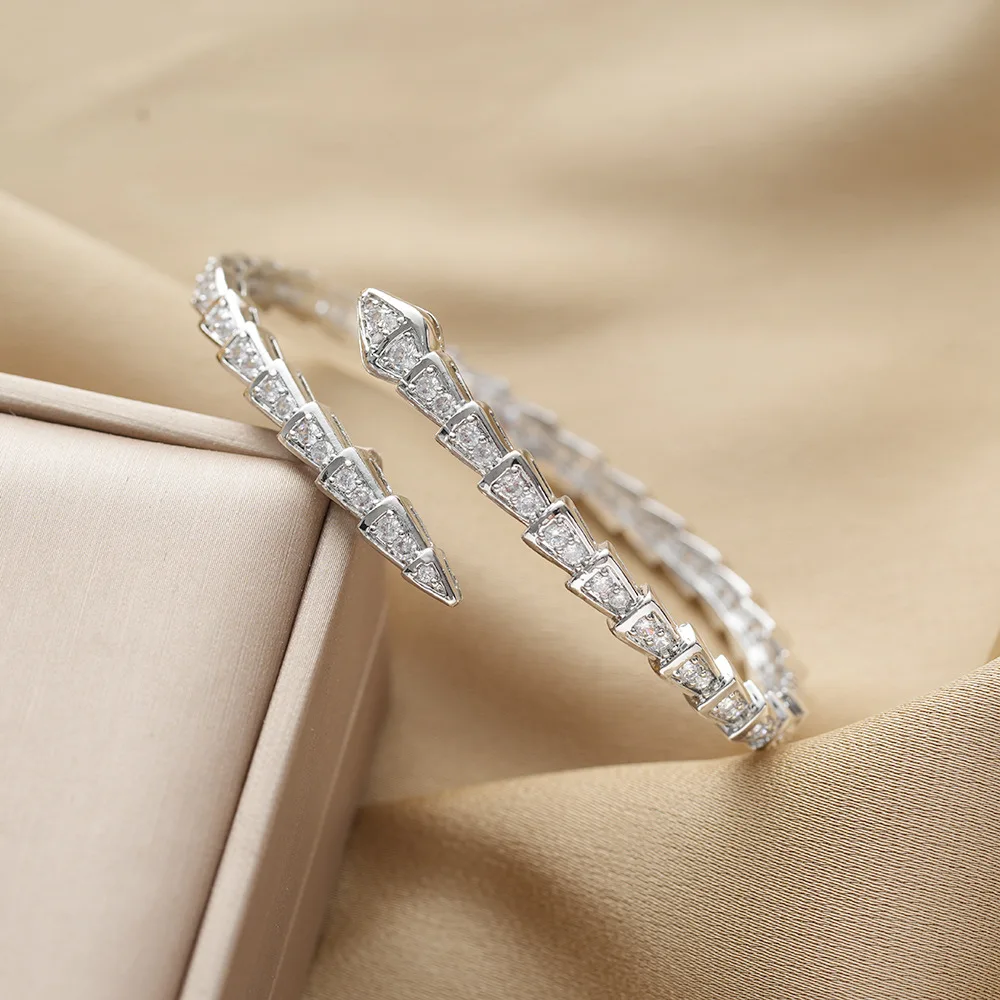 Fashion Snake Bone Bamboo Inlaid Zirconia Open Bracelet Women Gold Copper Metal Couple Holiday Gift Bracelet Party Daily Jewelry image 2