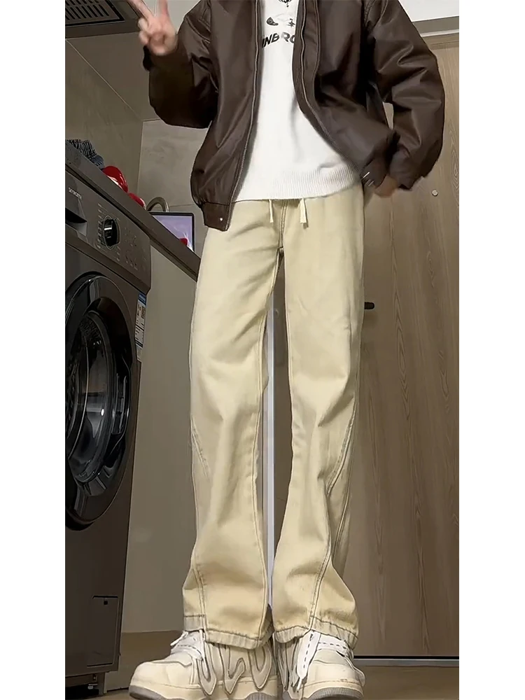 

American Sle Vintage Mud Dye Straight Leg Dstring High Waist Bell Bot Jeans for Taller Men Trendy Youth Casual Jeans