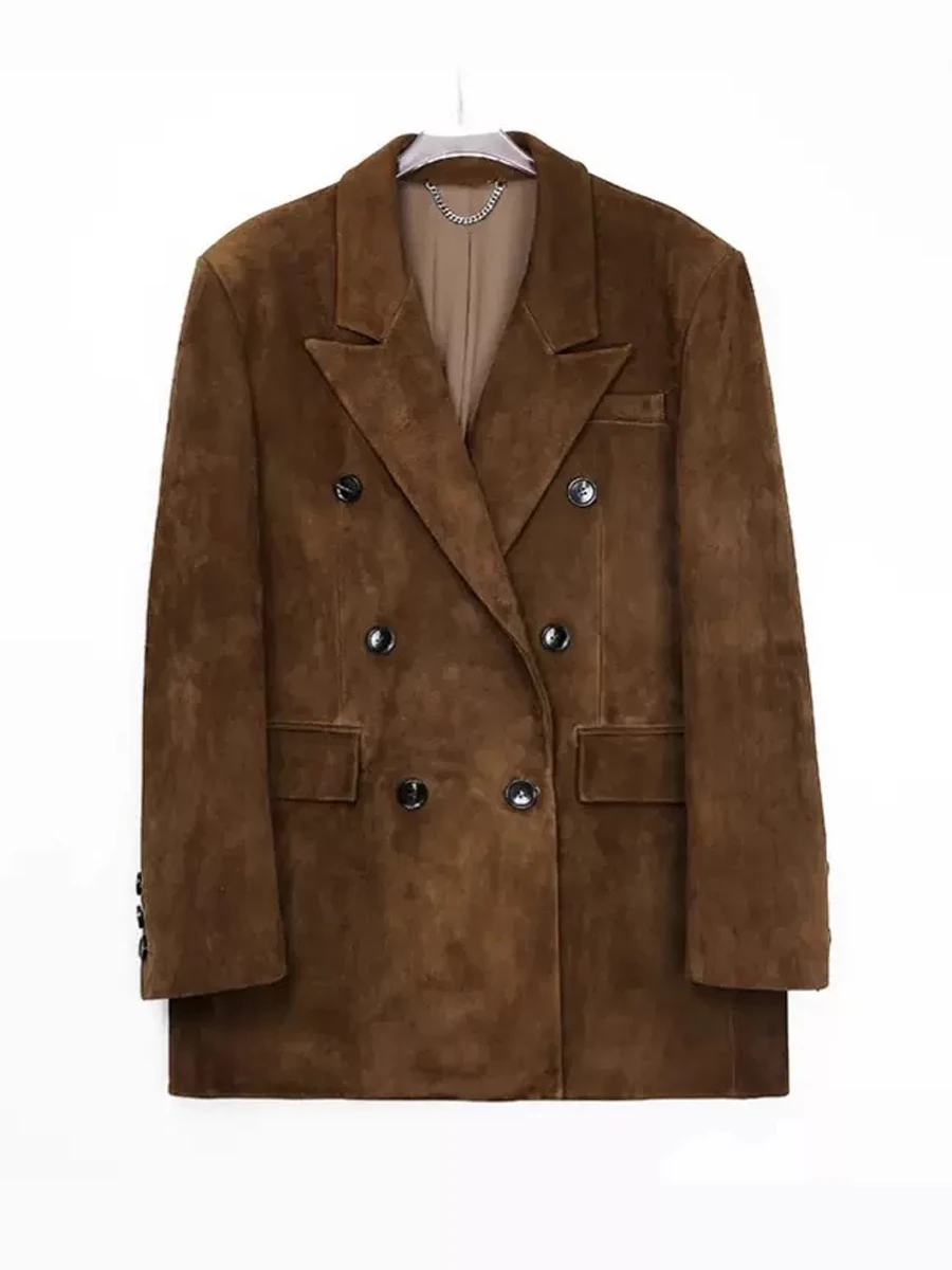 Turn-down Collar High-end Kid Suede Leather Jacket for Women Winter Pockets Slimming Coat Filled With Mulberry Silk Deep Brown