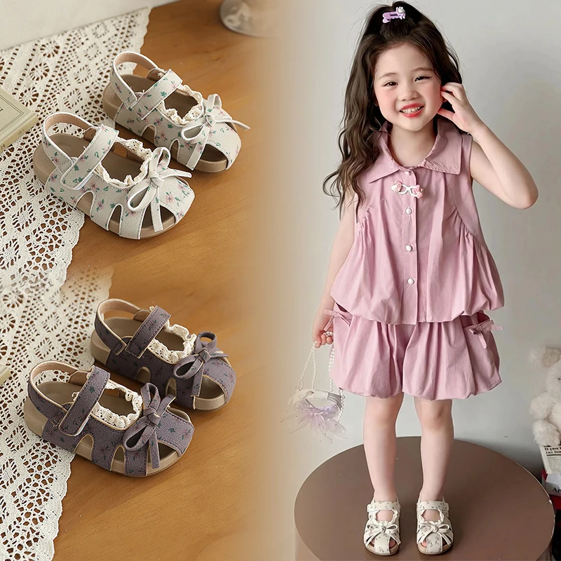 

Mumoresip Children Lace Trim Sandals Summer Princess Floral Print Girl Outdoor Causal Shoes Thick Bottom Kids Closed Toe Sandals