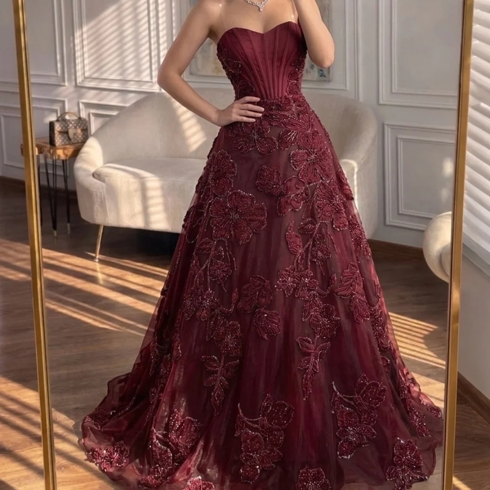 

Customized Intricate Luxury Burgundy Handmade Flower Sequined Beading A-line Sweetheart Floor-Length Evening Dresses