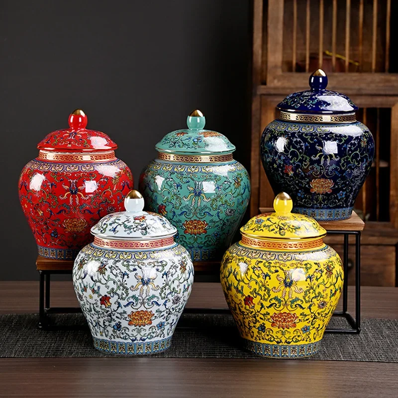 

Enamel Color General Ceramic Storage Pot Tea Jar with Lid Large Capacity Sealed Jar Living Room Ornament Antique Vase Home Decor