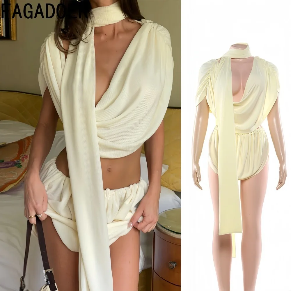 

FAGADOER Сексуальный комплект из 2 предметов: женский костюм, однотонный, с коротким рукавом, с драпировкой, в стиле пэчворк, укороченный топ + юбка, комплект для женщин, уличная одежда, новинка