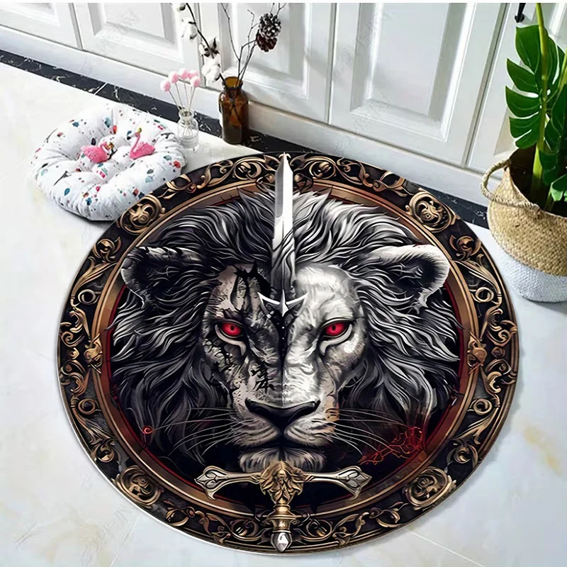 Lion Head Dark Wind Design Flannel-printed round floor mats are slip-resistant Suitable for room bedroom terrace garden carpets
