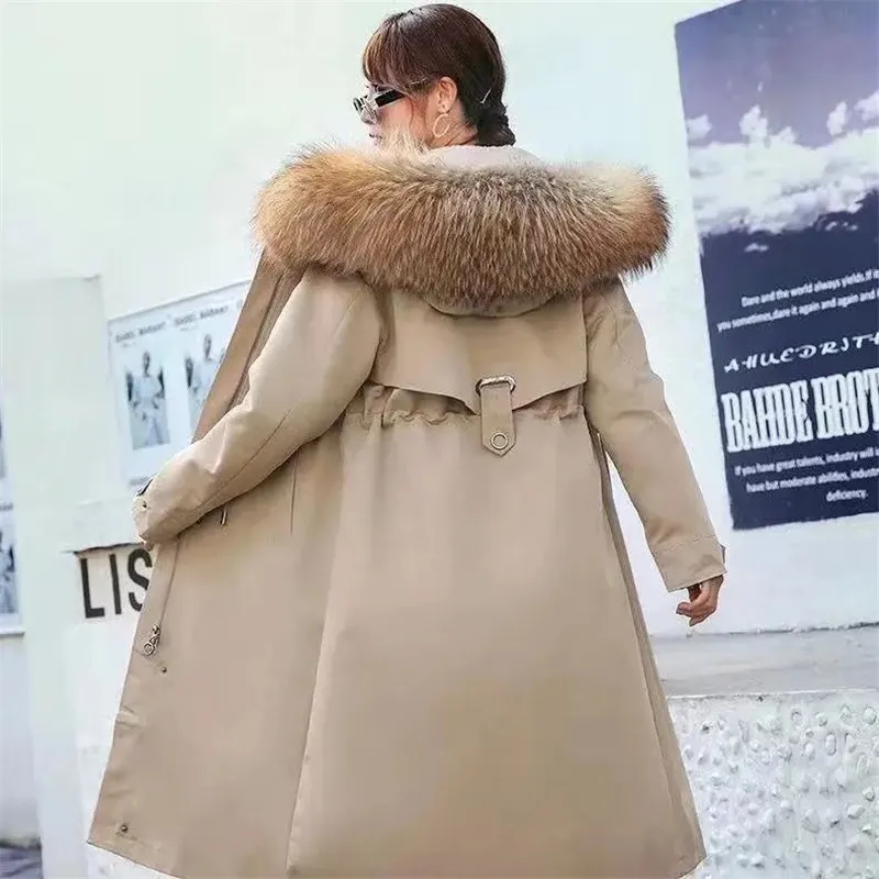 

Winter Large Fur Collar Style Overcomes Women's Loose Hooded Detachable Lining for Warmth Simulation Fur Long Snow Parka Coat