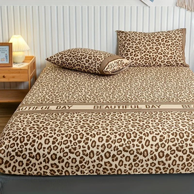 Vintage Leopard Print Fitted Sheet Set BEAUTIFUL DAY Letter Border Microfiber Bed Mattress Cover With Pillowcases Bedroom Decor