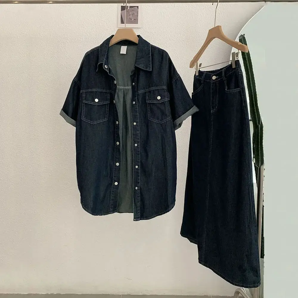 

Однобортный джинсовый комплект из 2 предметов, женский комплект ранней осени 2025 года с лацканами, однобортная джинсовая рубашка миди с короткими рукавами + юбка с высокой талией, женский комплект